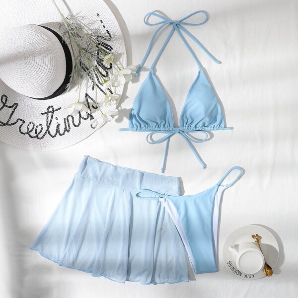

3pack Ruched Halter Bikini Swimsuit With Cover Up, Baby blue