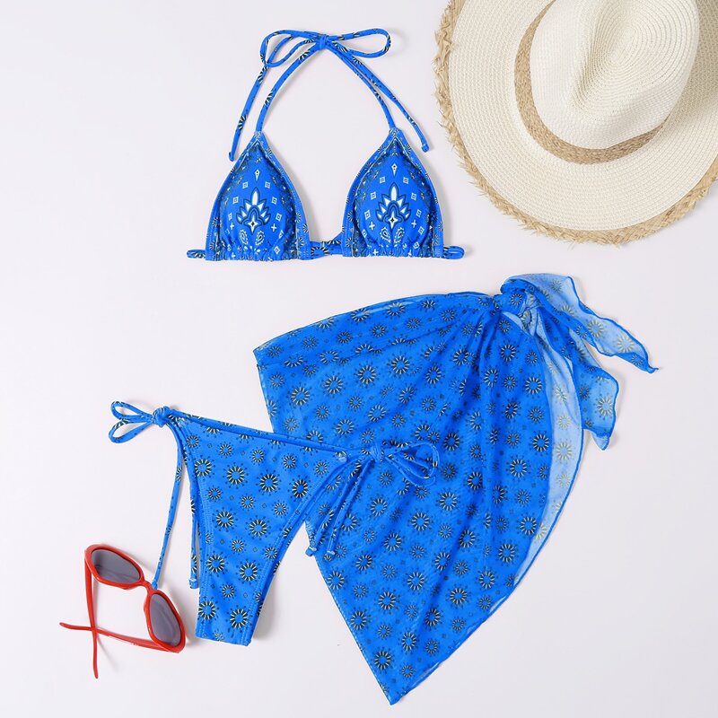 

3pack Floral Print Halter Bikini Swimsuit With Beach Skirt, Blue