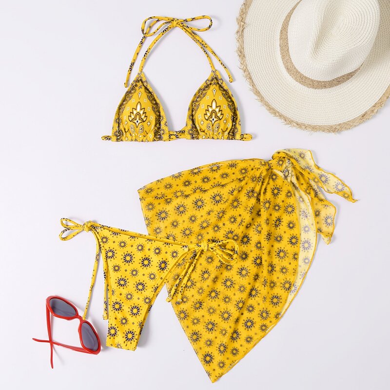 

3pack Allover Print Halter Bikini Swimsuit & Cover Up, Yellow