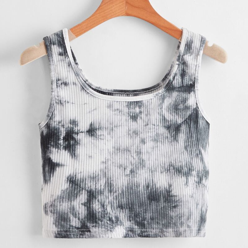 

Tie Dye Ribbed Tank Top, Black and white