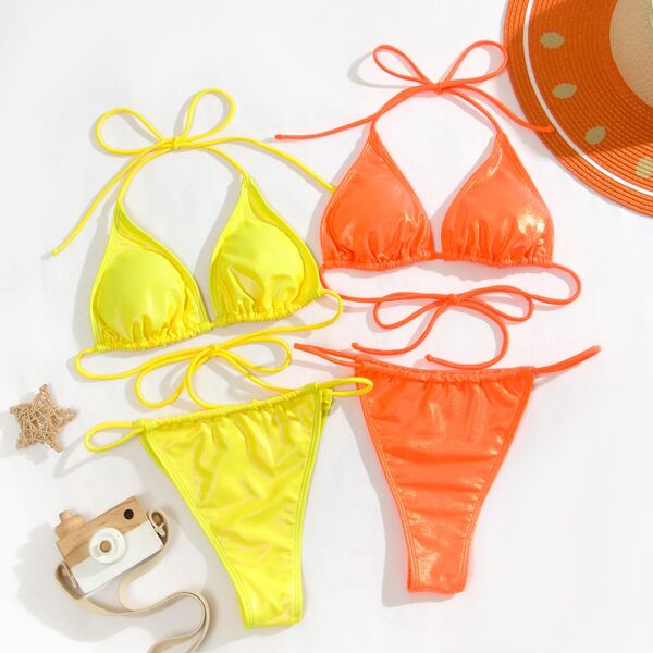 

2sets Metallic Triangle Thong Bikini Swimsuit, Multicolor