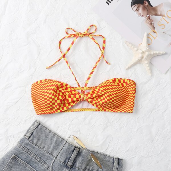 

Checkered Halter Bikini Top, Orange