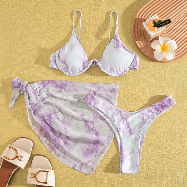 

3pack Marble Print Underwire Bikini Swimsuit & Cover Up, Lilac purple