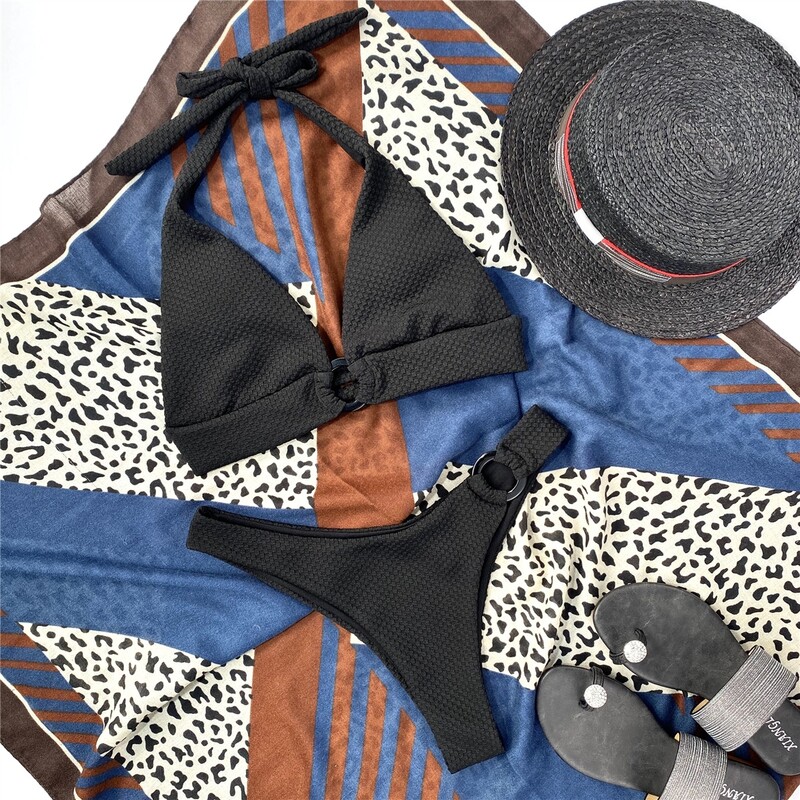 

Ring Linked Halter Bikini Swimsuit, Black