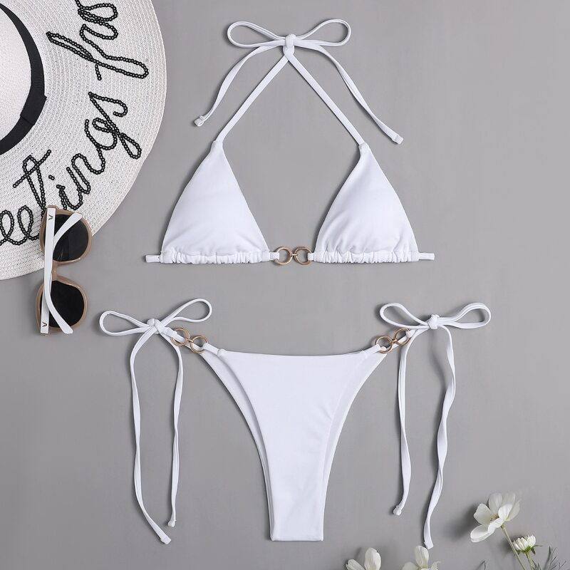 

Ring Linked Micro Triangle Thong Bikini Swimsuit, White