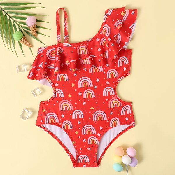 

Toddler Girls Rainbow Print Ruffle One Piece Swimsuit, Red
