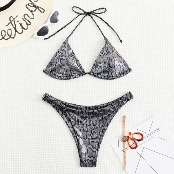 

Snakeskin Metallic Micro Triangle Bikini Swimsuit, Grey