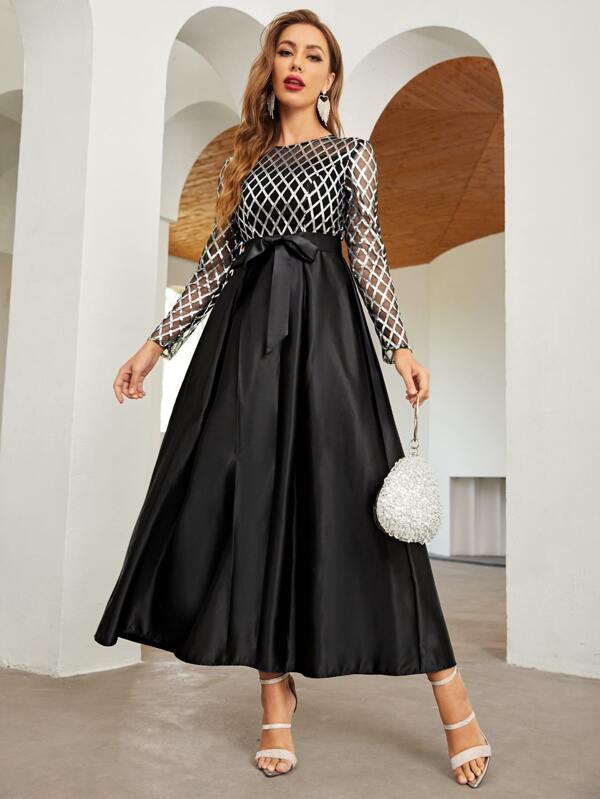 SHEIN Belle Rochie de bal cu curea, cu imprimeu în carouri, neagră, elegantă, cu mânecă lungă, rochie de invitat de nuntă de seară formală, pentru absolvire, rochie de petrecere pentru cină
