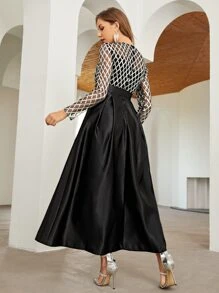 SHEIN Belle Plaid Print Self Belted Prom Dress Black Elegant Long Sleeve Formal Evening Wedding Guest Gown, For Graduation, Dinner Party Dress - Black - View 2