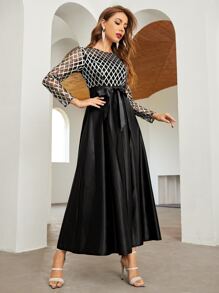 SHEIN Belle Plaid Print Self Belted Prom Dress Black Elegant Long Sleeve Formal Evening Wedding Guest Gown, For Graduation, Dinner Party Dress - Black - View 4