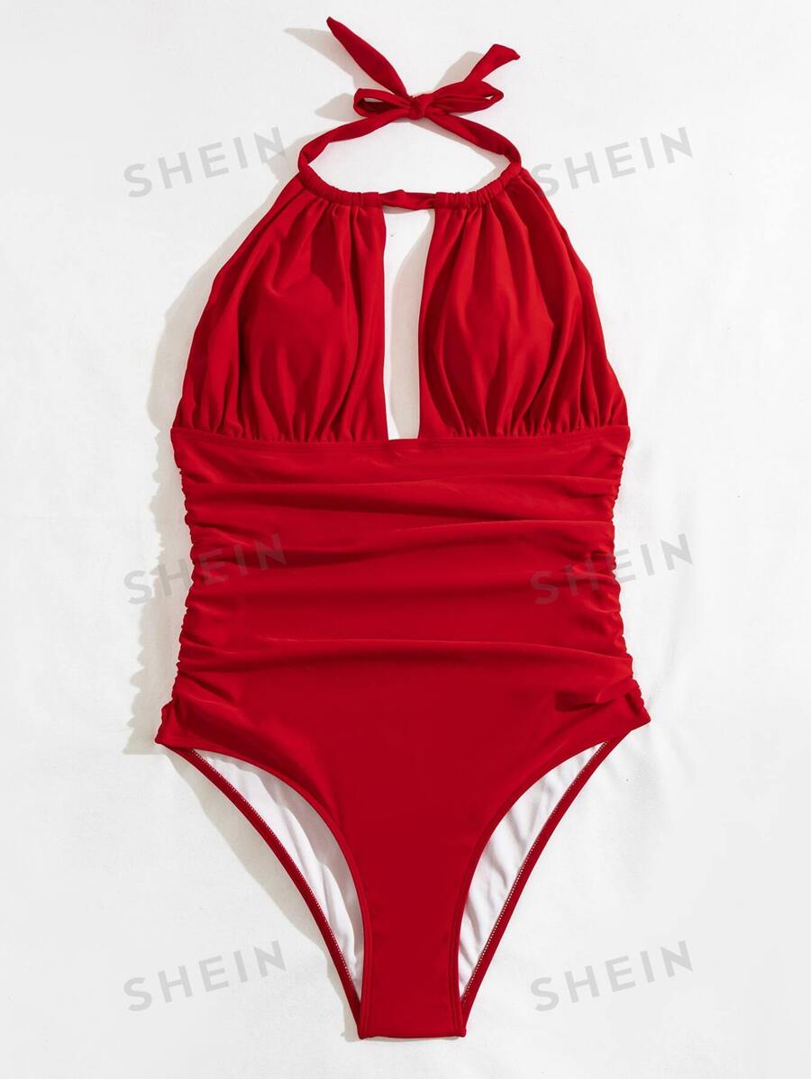 SHEIN Swim Ruched Halter One Piece Swimsuit SHEIN USA