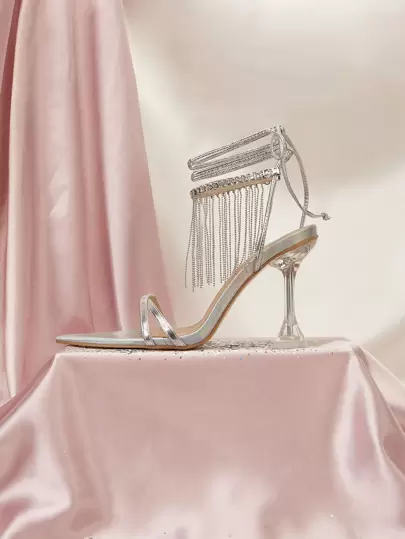 SheIn SXY 女士流蘇和水鑽裝飾酒杯高跟踝帶魅力四射夏天高跟涼鞋