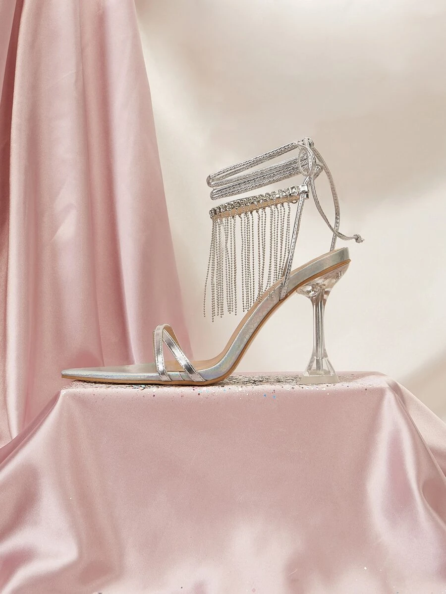 SheIn SXY Women Fringe & Rhinestone Decor Pyramid Heeled Ankle Strap Sandals, Glamorous Summer Heeled Sandals - Silver - View 1