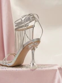 SheIn SXY Women Fringe & Rhinestone Decor Pyramid Heeled Ankle Strap Sandals, Glamorous Summer Heeled Sandals - Silver - View 2