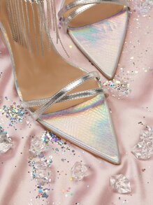 SheIn SXY Women Fringe & Rhinestone Decor Pyramid Heeled Ankle Strap Sandals, Glamorous Summer Heeled Sandals - Silver - View 4