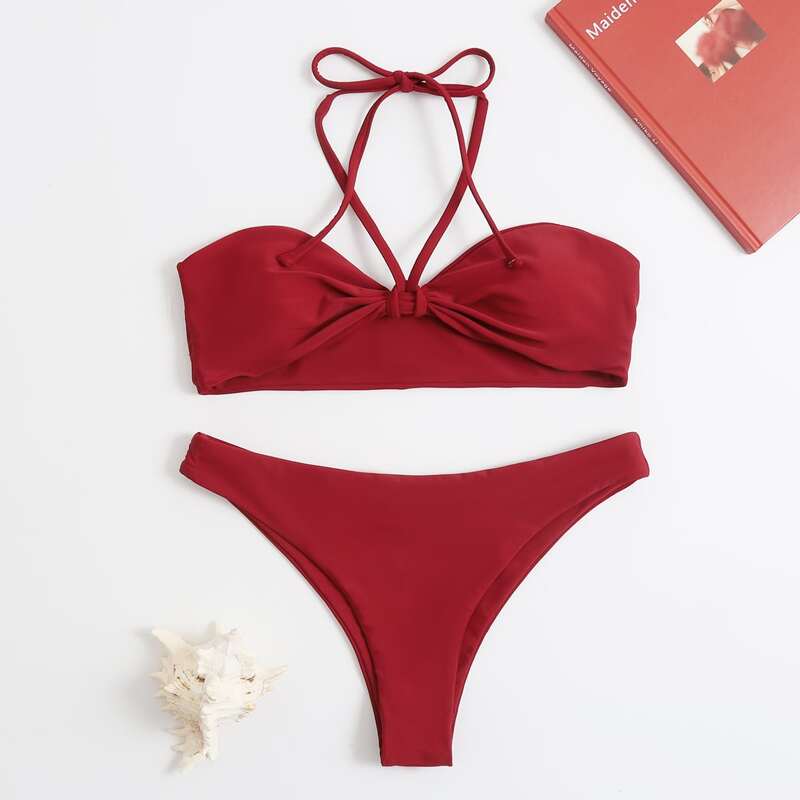 

Solid Halter Bikini Swimsuit, Red