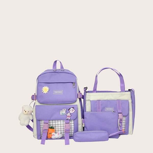 

4pcs Two Tone Backpack Set, Purple
