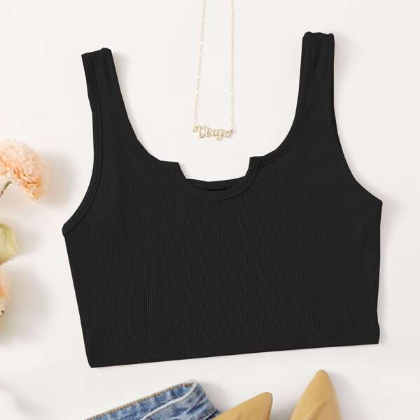 

Notch Neck Rib-knit Crop Top, Black