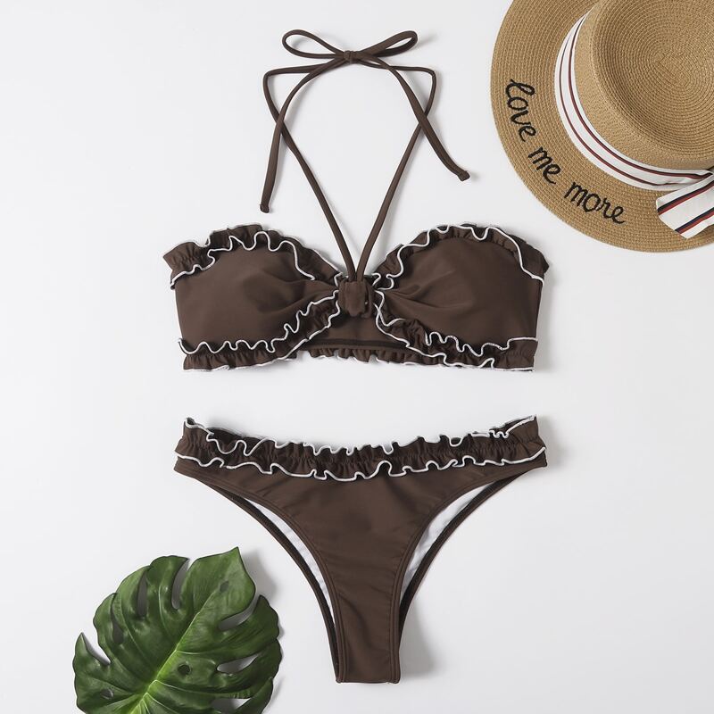

Frill Knot Halter Bikini Swimsuit, Coffee brown