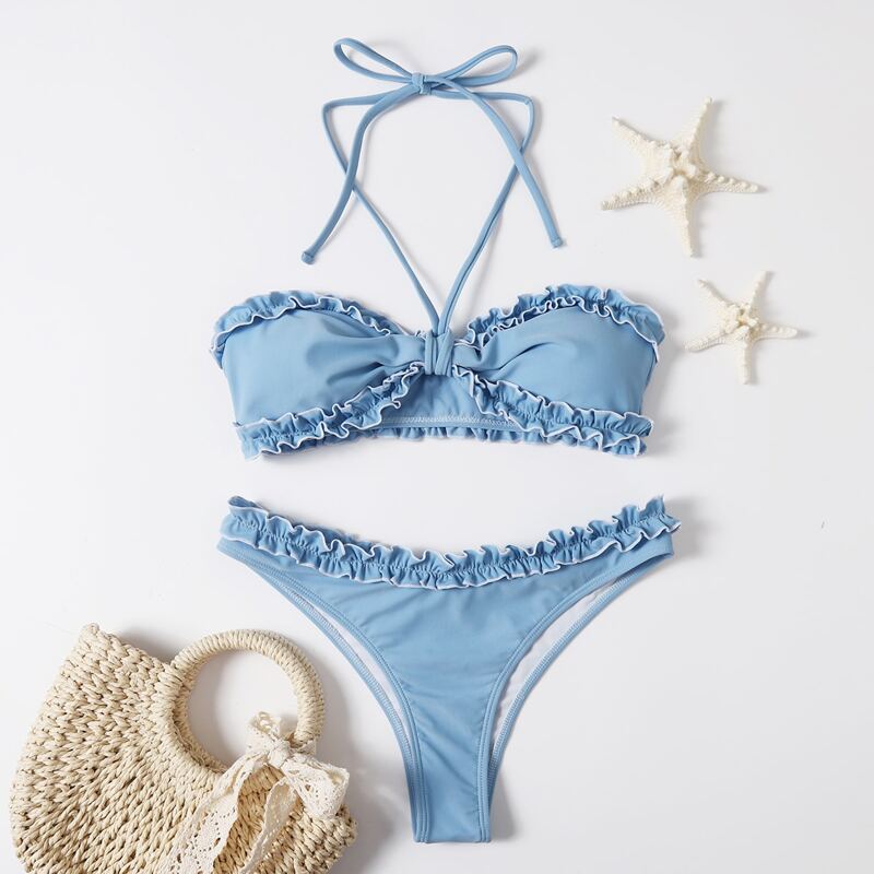 

Frill Knot Halter Bikini Swimsuit, Blue