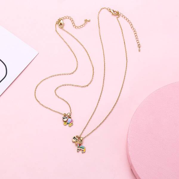 

2pcs Girls Heart Charm Necklace, Multicolor