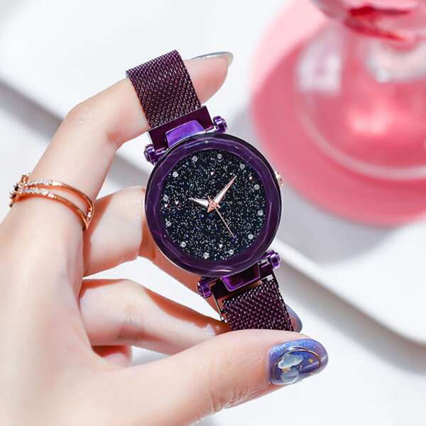 

Rhinestone Decor Starry Sky Dial Mesh Strap Watch