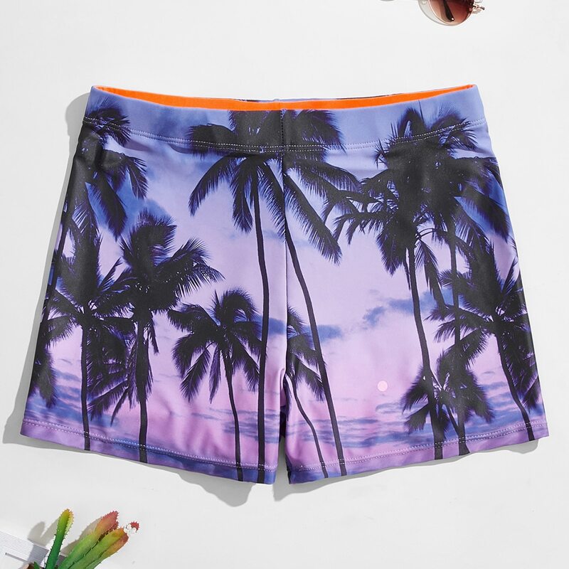 

Guys Palm Tree Print Swim Trunks, Multicolor