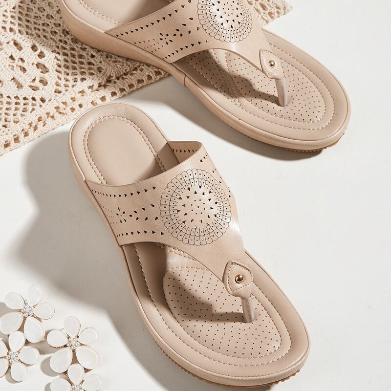 

Floral Laser Cut Platform Thong Sandals, Beige