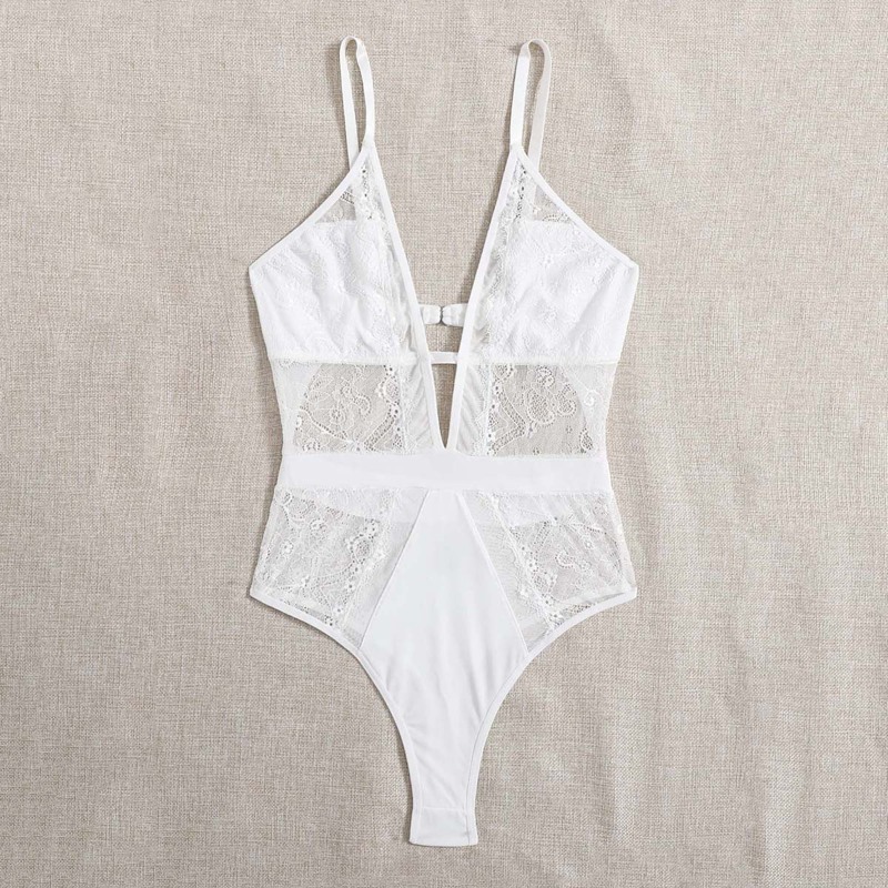 

Floral Lace Teddy Bodysuit, White