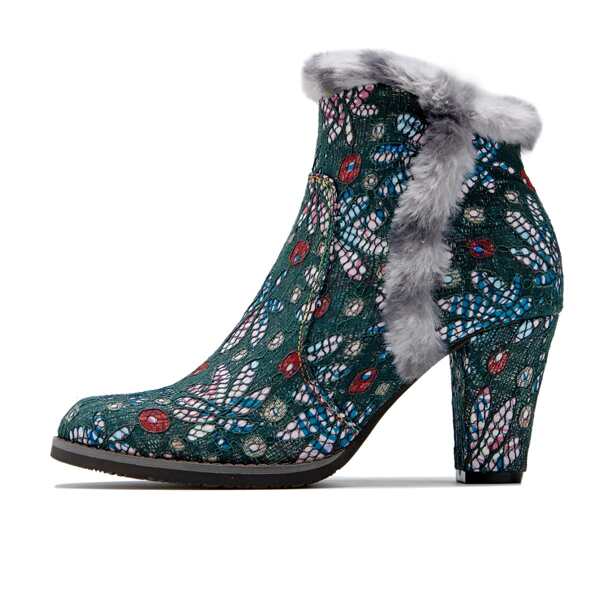 

Floral Graphic Fluffy Trim Ankle Boots, Green