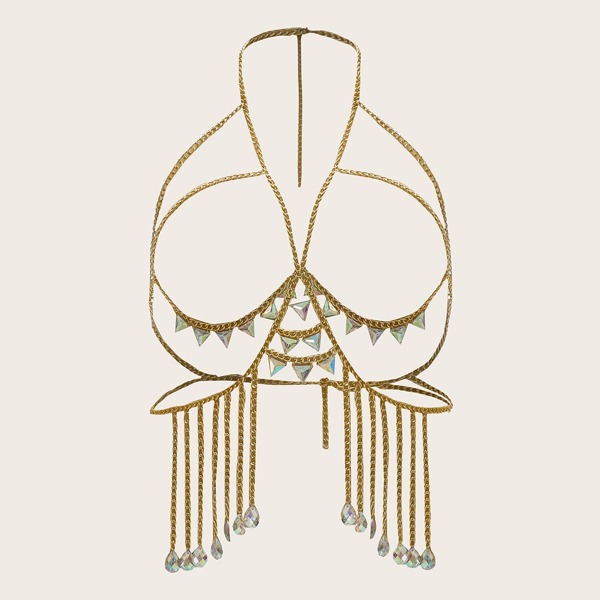 

Plus Rhinestone Decor Chain Bra, Gold