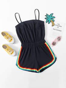 SHEIN Girls Rainbow Striped Cami Romper - Black - View 1