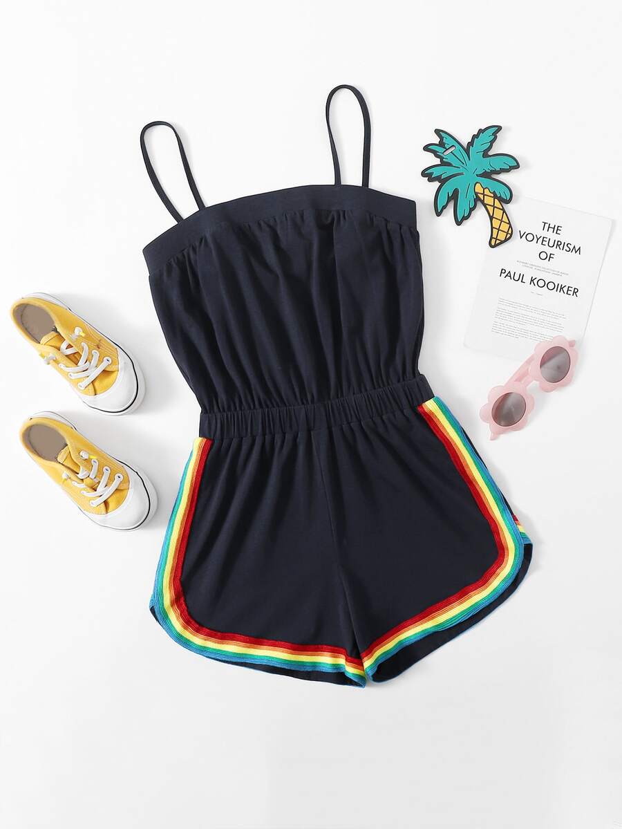 SHEIN Girls Rainbow Striped Cami Romper - Black - View 1