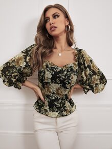 Lantern Sleeve Frill Trim Appliques Floral Top - Multicolor - View 1
