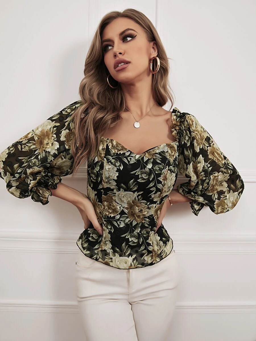 Lantern Sleeve Frill Trim Appliques Floral Top - Multicolor - View 1