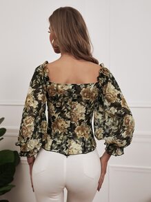 Lantern Sleeve Frill Trim Appliques Floral Top - Multicolor - View 2