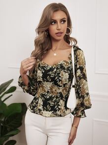 Lantern Sleeve Frill Trim Appliques Floral Top - Multicolor - View 5