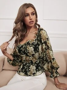 Lantern Sleeve Frill Trim Appliques Floral Top - Multicolor - View 6