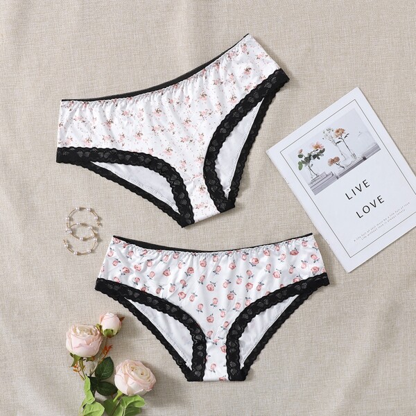 

2pack Plus Floral Print Lace Trim Panty Set, Multicolor