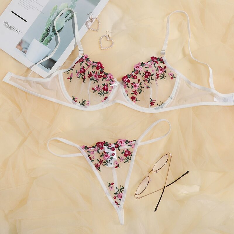 

Floral Embroidered Mesh Lingerie Set, White