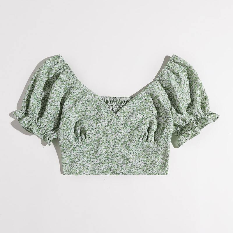 

Ditsy Floral Shirred Crop Top, Green