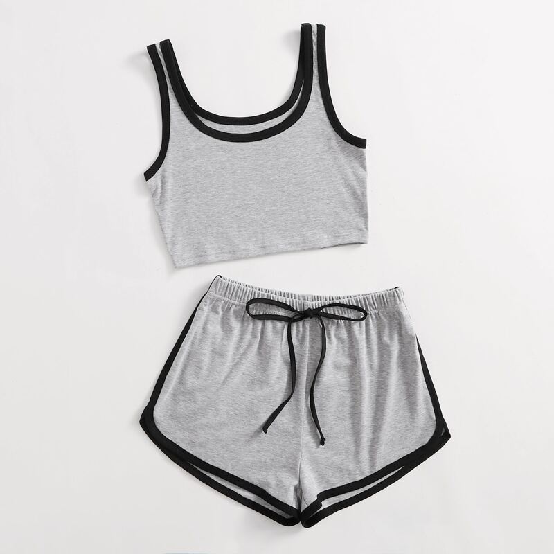 

Contrast Binding Tank Top & Tie Front Shorts, Grey