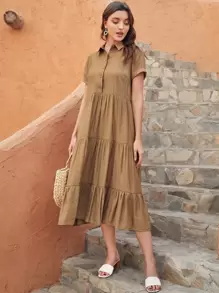 SHEIN LUNE Vestido bajo con fruncido con botón delantero unicolor - Caqui - Ver 1