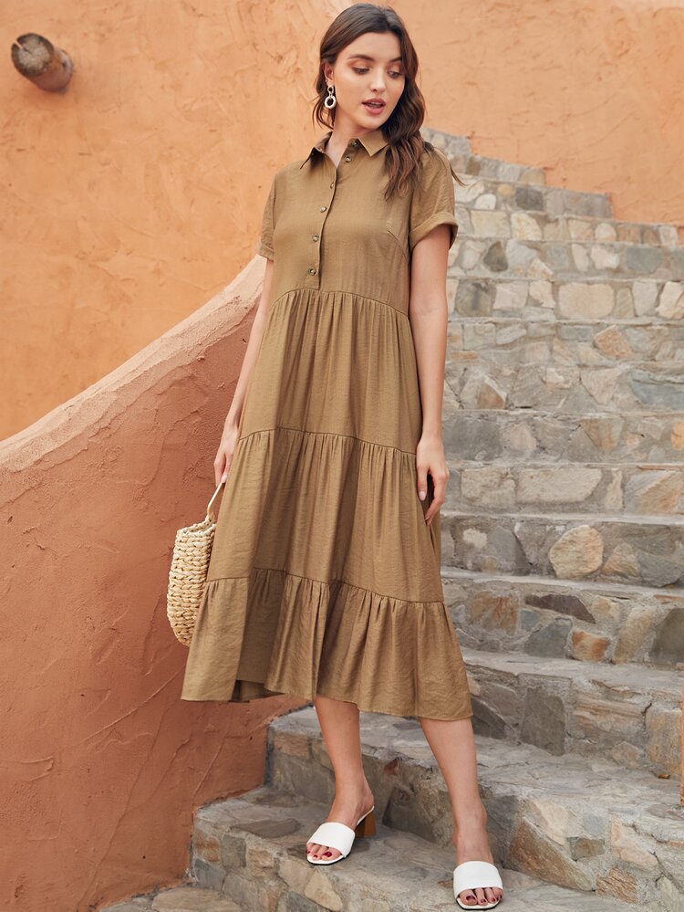 SHEIN LUNE Solid Button Front Ruffle Hem Dress - Khaki - View 1
