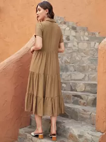 SHEIN LUNE Vestido bajo con fruncido con botón delantero unicolor - Caqui - Ver 2