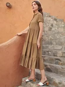 SHEIN LUNE Vestido bajo con fruncido con botón delantero unicolor - Caqui - Ver 4