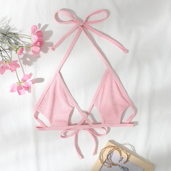 

Rib Cut Out Halter Bikini Top, Baby pink