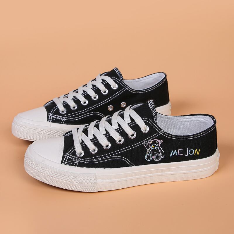 

Cartoon Bear Lace-up Canvas Sneakers, Black