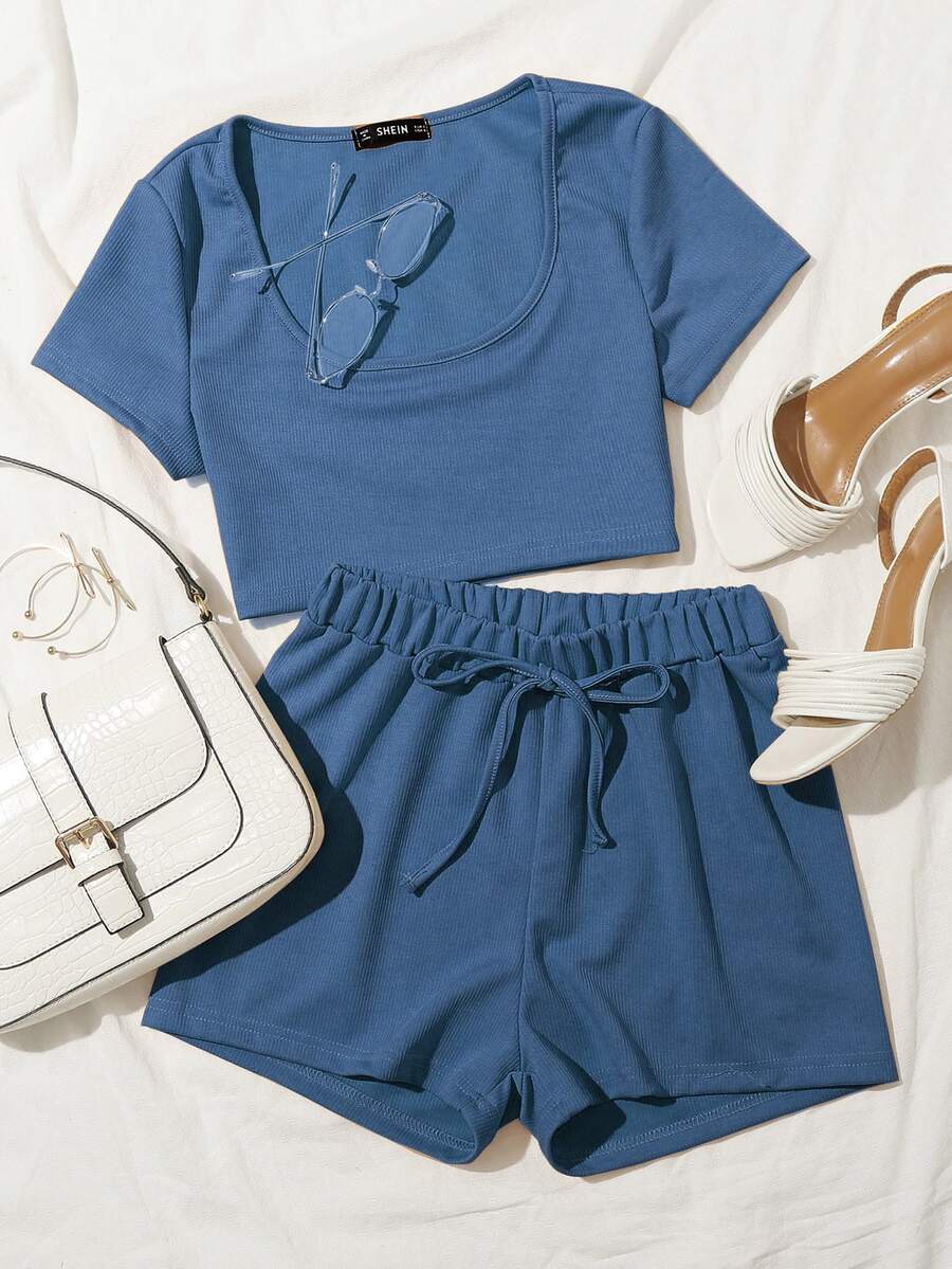 Scoop Neck Crop Tee & Tie Waist Shorts Set - Blue - View 1