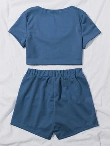 Scoop Neck Crop Tee & Tie Waist Shorts Set - Blue - View 2
